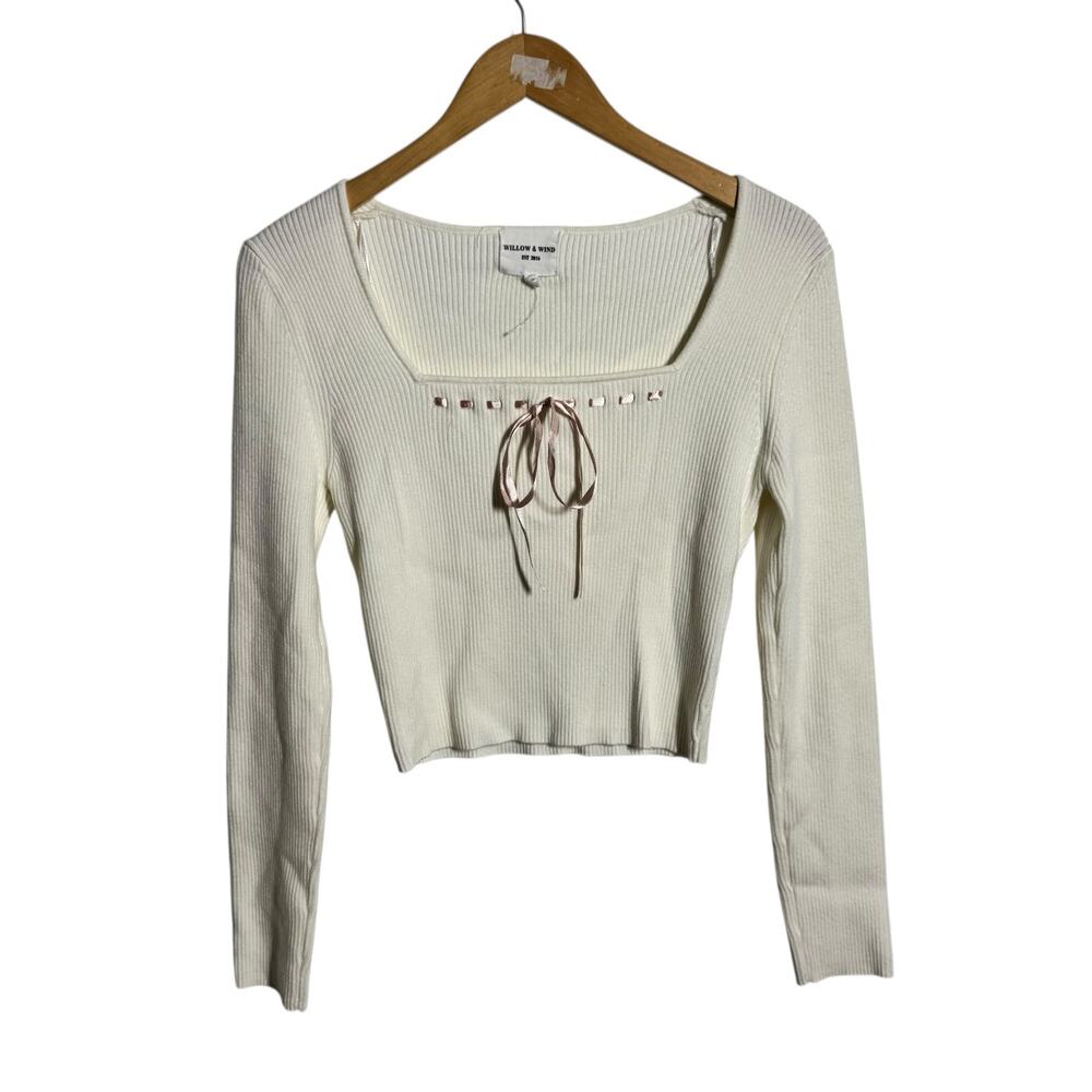 Willow & Wind Sweater Women L White Pink Bow Coquette Feminine Preppy Clean Girl